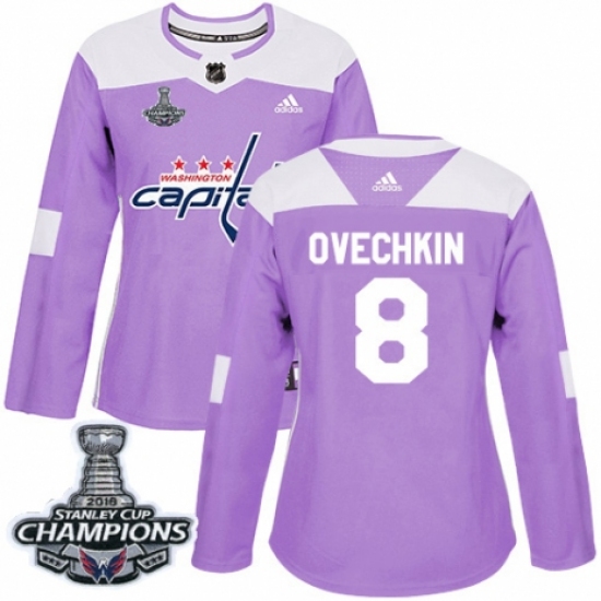 Women's Adidas Washington Capitals 8 Alex Ovechkin Authentic Purple Fights Cancer Practice 2018 Stanley Cup Final Champions NHL Jersey