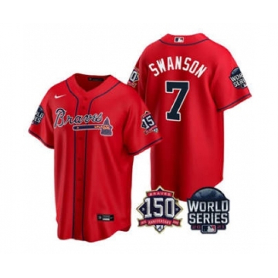 Men's Atlanta Braves 7 Dansby Swanson 2021 Red World Series With 150th Anniversary Patch Cool Base Baseball Jersey