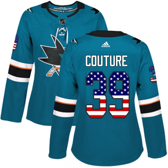 Women's Adidas San Jose Sharks 39 Logan Couture Authentic Teal Green USA Flag Fashion NHL Jersey