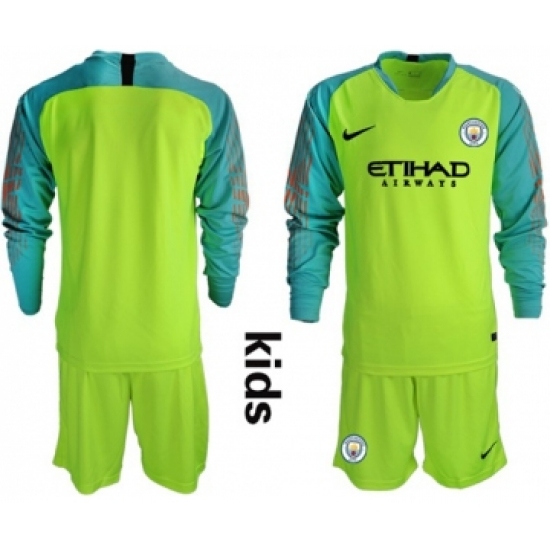 Manchester City Blank Shiny Green Goalkeeper Long Sleeves Kid Soccer Club Jersey