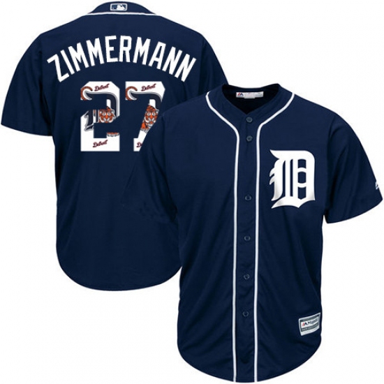 Men's Majestic Detroit Tigers 27 Jordan Zimmermann Authentic Navy Blue Team Logo Fashion Cool Base MLB Jersey