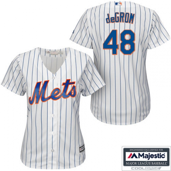 Women's Majestic New York Mets 48 Jacob deGrom Replica White/Blue Strip MLB Jersey