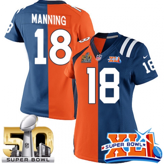 Women's Nike Indianapolis Colts 18 Peyton Manning Elite Royal Blue/Orange Split Fashion Super Bowl XLI & Super Bowl L NFL Jersey