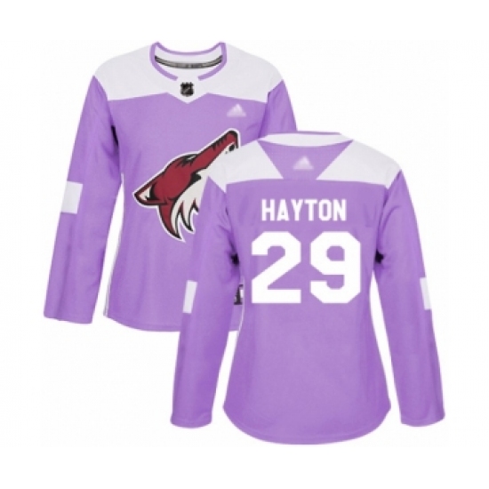 Women's Arizona Coyotes 29 Barrett Hayton Authentic Purple Fights Cancer Practice Hockey Jersey