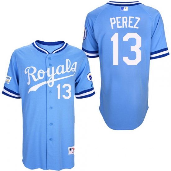 Men's Majestic Kansas City Royals 13 Salvador Perez Authentic Light Blue 1985 Turn Back The Clock MLB Jersey