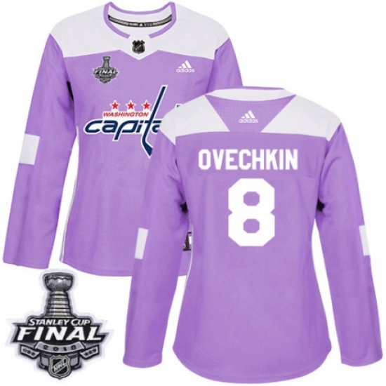 Women's Adidas Washington Capitals 8 Alex Ovechkin Authentic Purple Fights Cancer Practice 2018 Stanley Cup Final NHL Jersey