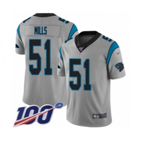 Men's Carolina Panthers 51 Sam Mills Silver Inverted Legend Limited 100th Season Football Jersey