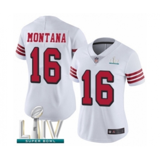 Women's San Francisco 49ers 16 Joe Montana Limited White Rush Vapor Untouchable Super Bowl LIV Bound Football Jersey