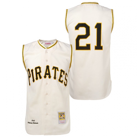 Men's Mitchell and Ness 1960 Pittsburgh Pirates 21 Roberto Clemente Replica Cream Throwback MLB Jersey