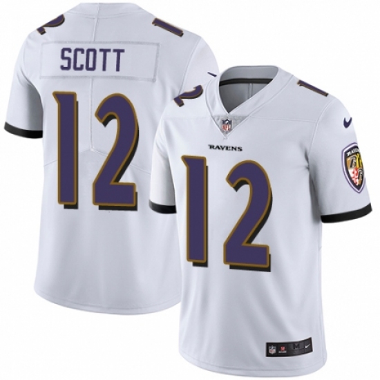 Men's Nike Baltimore Ravens 12 Jaleel Scott White Vapor Untouchable Limited Player NFL Jersey