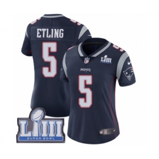 Women's Nike New England Patriots 5 Danny Etling Navy Blue Team Color Vapor Untouchable Limited Player Super Bowl LIII Bound NFL Jersey