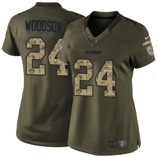 Women's Nike Oakland Raiders 24 Charles Woodson Elite Green Salute to Service NFL Jersey