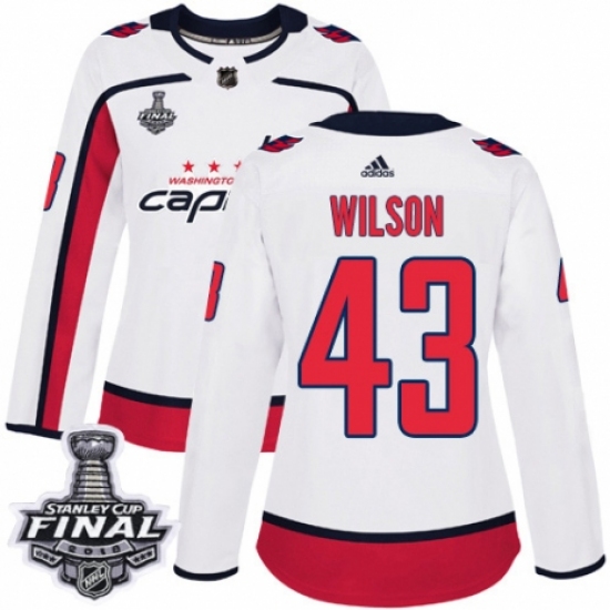 Women's Adidas Washington Capitals 43 Tom Wilson Authentic White Away 2018 Stanley Cup Final NHL Jersey