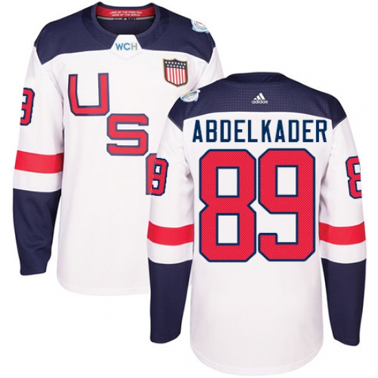 Youth Adidas Team USA 89 Justin Abdelkader Premier White Home 2016 World Cup Ice Hockey Jersey