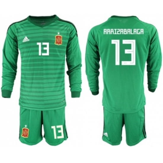 Spain 13 Arrizabalaga Green Long Sleeves Goalkeeper Soccer Country Jersey