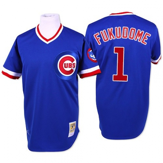 Men's Mitchell and Ness Chicago Cubs 1 Kosuke Fukudome Authentic Blue Throwback MLB Jersey