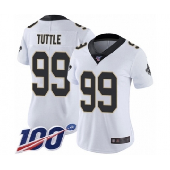 Women's New Orleans Saints 99 Shy Tuttle White Vapor Untouchable Limited Player 100th Season Football Jersey