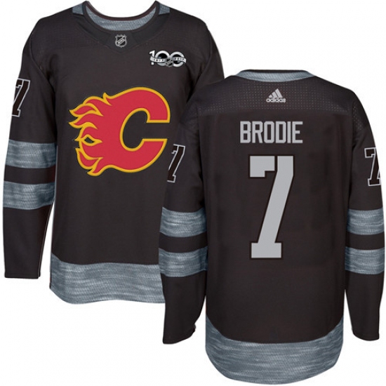 Men's Adidas Calgary Flames 7 TJ Brodie Authentic Black 1917-2017 100th Anniversary NHL Jersey