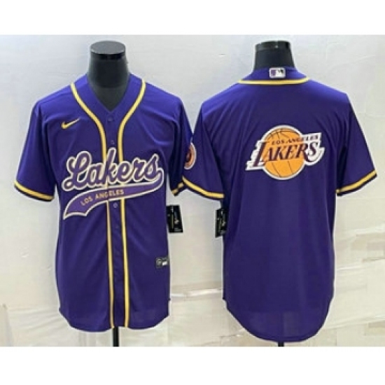 Men's Los Angeles Lakers Purple Team Big Logo Cool Base Stitched Baseball Jersey