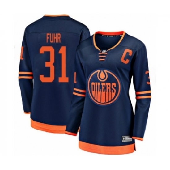 Women's Edmonton Oilers 31 Grant Fuhr Authentic Navy Blue Alternate Fanatics Branded Breakaway Hockey Jersey