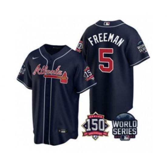 Men's Atlanta Braves 5 Freddie Freeman 2021 Navy World Series With 150th Anniversary Patch Cool Base Baseball Jersey