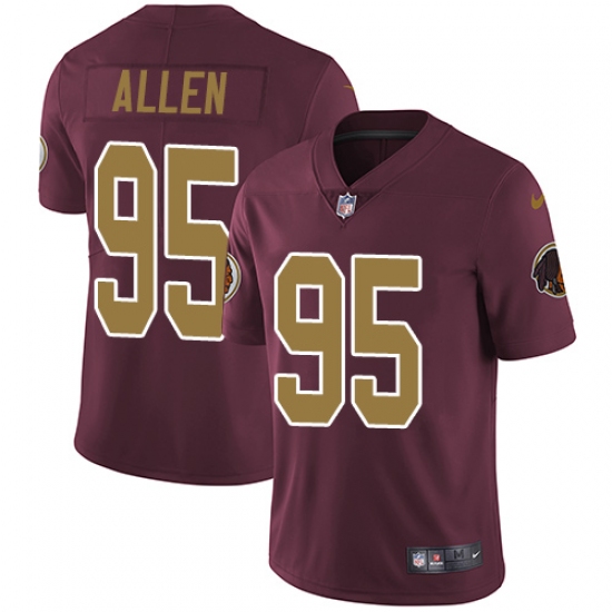 Men's Nike Washington Redskins 95 Jonathan Allen Burgundy Red/Gold Number Alternate 80TH Anniversary Vapor Untouchable Limited Player NFL Jersey