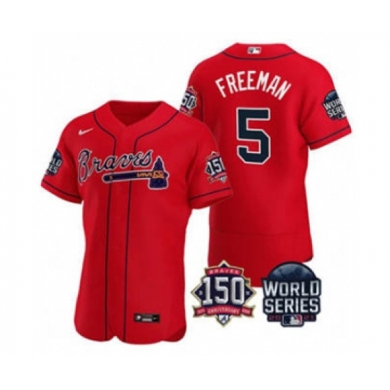 Men's Atlanta Braves 5 Freddie Freeman 2021 Red World Series Flex Base With 150th Anniversary Patch Baseball Jersey