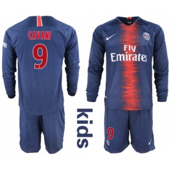 Paris Saint-Germain 9 Cavani Home Long Sleeves Kid Soccer Club Jersey