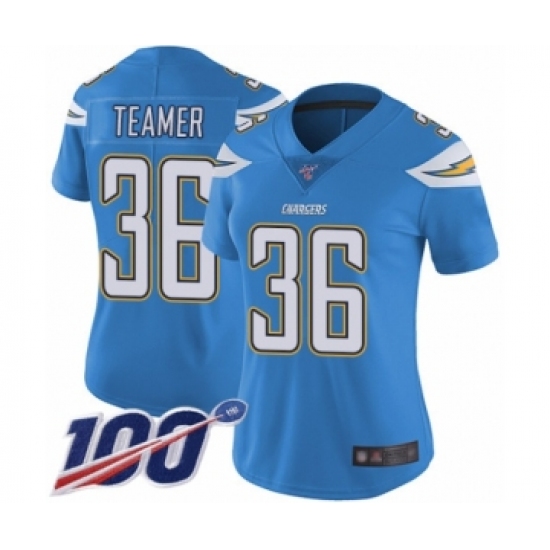 Women's Los Angeles Chargers 36 Roderic Teamer Electric Blue Alternate Vapor Untouchable Limited Player 100th Season Football Jersey