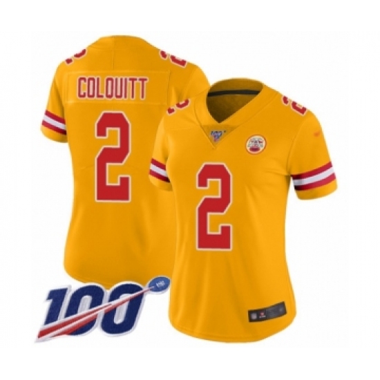 Women's Kansas City Chiefs 2 Dustin Colquitt Limited Gold Inverted Legend 100th Season Football Jersey