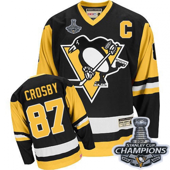 Men's CCM Pittsburgh Penguins 87 Sidney Crosby Authentic Black Throwback 2017 Stanley Cup Champions NHL Jersey