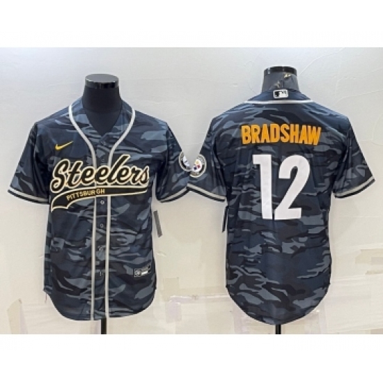 Men's Pittsburgh Steelers 12 Terry Bradshaw Grey Navy Camo With Patch Cool Base Stitched Baseball Jersey