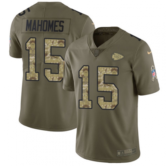 Youth Nike Kansas City Chiefs 15 Patrick Mahomes Olive Camo Stitched NFL Limited 2017 Salute to Service Jersey