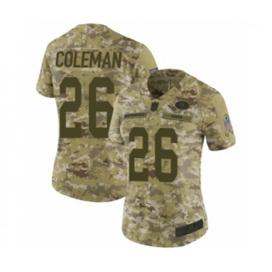 Women's San Francisco 49ers 26 Tevin Coleman Limited Camo 2018 Salute to Service Football Jersey