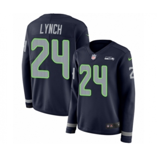Women's Nike Seattle Seahawks 24 Marshawn Lynch Limited Navy Blue Therma Long Sleeve NFL Jersey