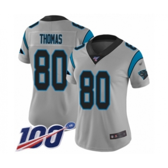 Women's Carolina Panthers 80 Ian Thomas Silver Inverted Legend Limited 100th Season Football Jersey