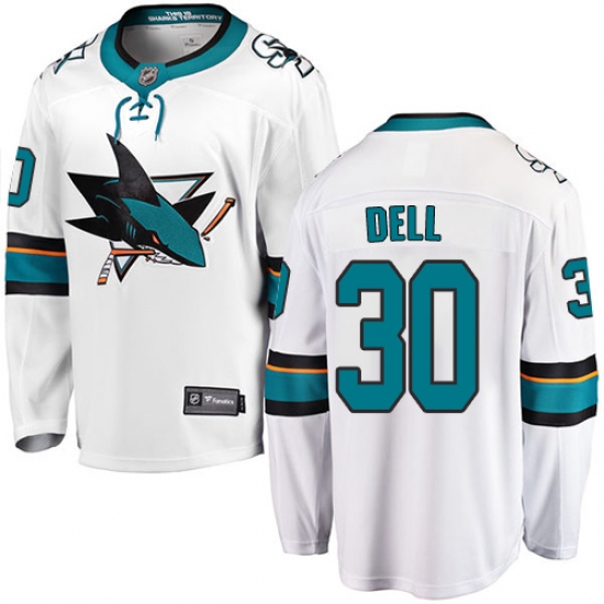 Men's San Jose Sharks 30 Aaron Dell Fanatics Branded White Away Breakaway NHL Jersey