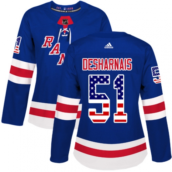 Women's Adidas New York Rangers 51 David Desharnais Authentic Royal Blue USA Flag Fashion NHL Jersey