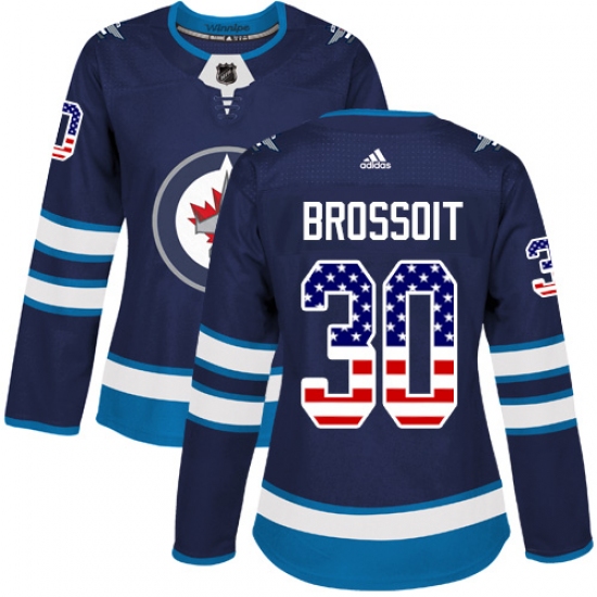 Women's Adidas Winnipeg Jets 30 Laurent Brossoit Authentic Navy Blue USA Flag Fashion NHL Jersey