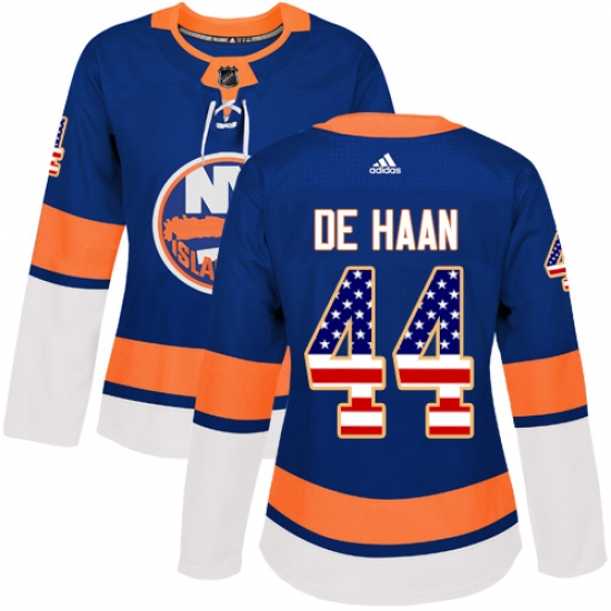 Women's Adidas New York Islanders 44 Calvin de Haan Authentic Royal Blue USA Flag Fashion NHL Jersey