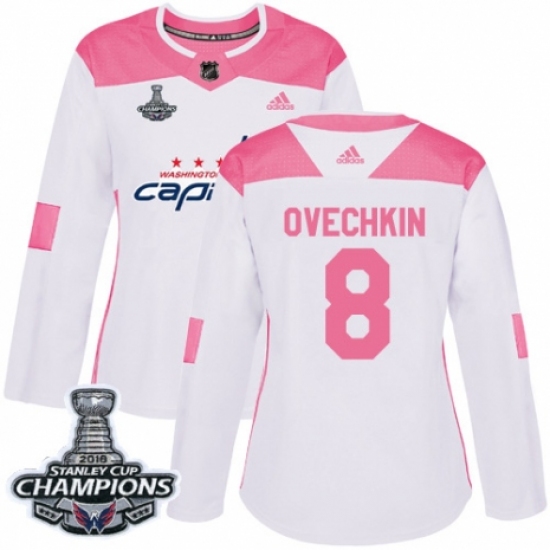 Women's Adidas Washington Capitals 8 Alex Ovechkin Authentic White Pink Fashion 2018 Stanley Cup Final Champions NHL Jersey