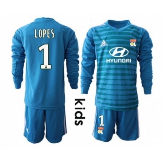 Lyon 1 Lopes Blue Goalkeeper Long Sleeves Kid Soccer Club Jersey