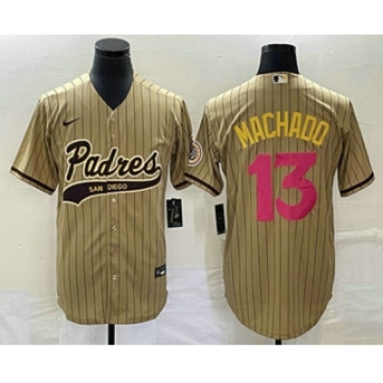 Men's San Diego Padres 13 Manny Machado Tan Pinstripe 2023 City Connect Cool Base Stitched Jersey