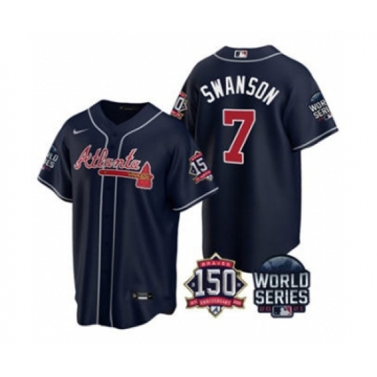 Men's Atlanta Braves 7 Dansby Swanson 2021 Navy World Series With 150th Anniversary Patch Cool Base Baseball Jersey