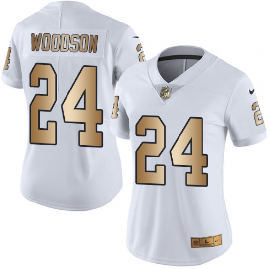 Women's Nike Oakland Raiders 24 Charles Woodson Limited White/Gold Rush NFL Jersey