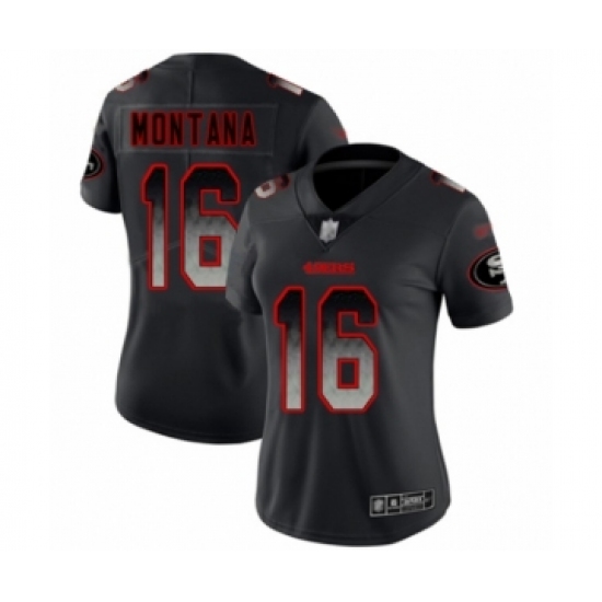 Women's San Francisco 49ers 16 Joe Montana Limited Black Smoke Fashion Football Jersey