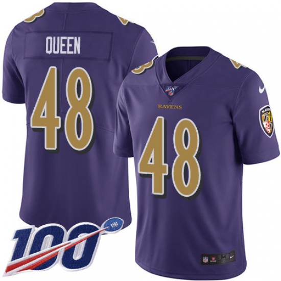 Men's Baltimore Ravens 48 Patrick Queen Purple Stitched NFL Limited Rush 100th Season Jersey