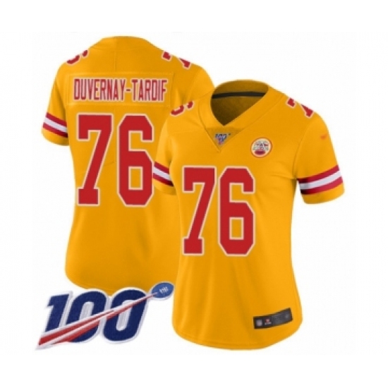 Women's Kansas City Chiefs 76 Laurent Duvernay-Tardif Limited Gold Inverted Legend 100th Season Football Jersey