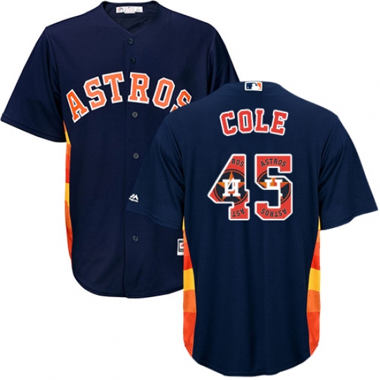 Men's Majestic Houston Astros 45 Gerrit Cole Authentic Navy Blue Team Logo Fashion Cool Base MLB Jersey