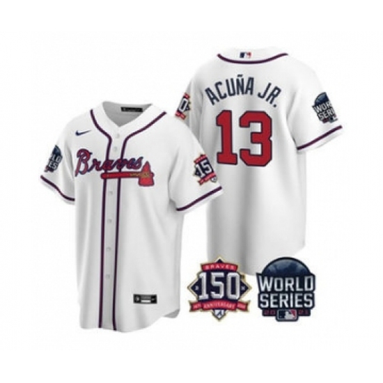 Men's Atlanta Braves 13 Ronald Acuna Jr. 2021 White World Series With 150th Anniversary Patch Cool Base Baseball Jersey